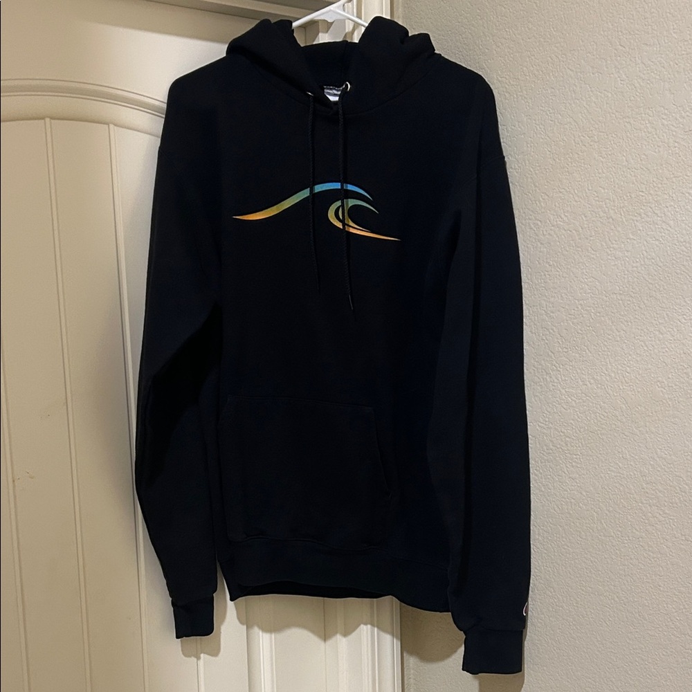 Champion Black Hoodie with Colorful Wave Design